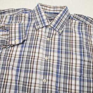Hickey Freeman Shirt Mens Large Purple Gray Brown Plaid Button Down Pocket